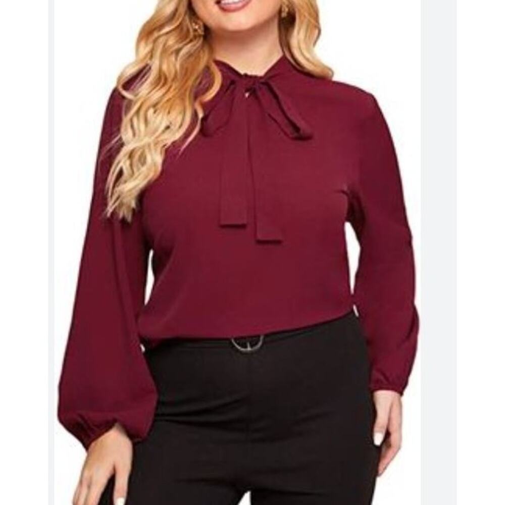 NWOT SHEIN Women's Burgundy Tie-Neck Blouse Career Shirt Top Plus Size: 2XL